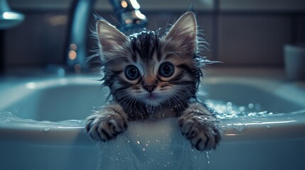 Poster - A cute, drenched kitten sitting in a sink with a gentle stream of water flowing, its tiny paws resting on the edge.