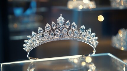 Poster - A delicate diamond tiara placed on a glass display, shining brightly and symbolizing royalty and opulence in a glamorous setting.