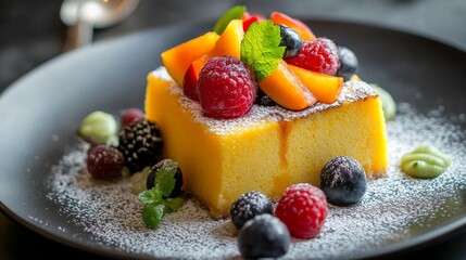 Poster - A delicious polenta cake decorated with seasonal fruits and a dusting of powdered sugar, highlighting its versatility as both a savory and sweet dish.