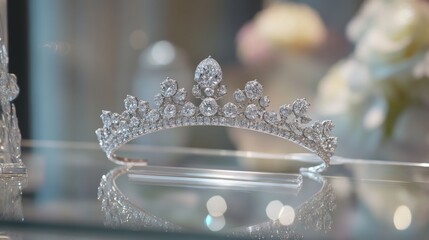 Poster - A delicate diamond tiara placed on a glass display, shining brightly and symbolizing royalty and opulence in a glamorous setting.