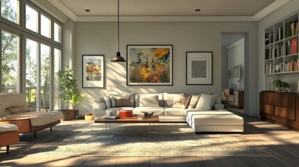 Poster - A dynamic living space showcasing an open floor plan, with a mix of vintage and contemporary furniture, artwork on the walls, and a bright, airy atmosphere filled with natural light.