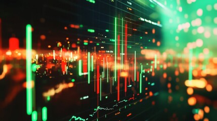 Poster - A financial chart displaying stock market trends on a computer screen, with green and red candlesticks, highlighting a bullish market surge.