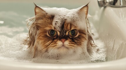 Poster - A fluffy cat in the middle of a bath, with soapy bubbles covering its body, giving it a comical, slightly annoyed look.