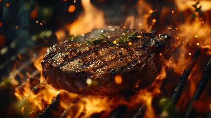 Wall Mural - A juicy, medium-rare steak sizzling on a grill, with perfect grill marks and a smoky char, surrounded by flames and herbs.