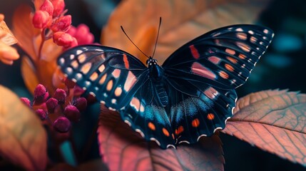 Poster - A macro shot of a butterfly resting on a leaf, with intricate wing patterns and vivid colors, capturing the delicate relationship between insects and plants.