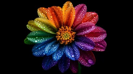 Fototapete - A macro shot of a colorful flower with drops of dew, highlighting the contrast between the vibrant colors and the transparent droplets, evoking a sense of freshness.