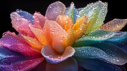 Fototapete - A macro shot of a colorful flower with drops of dew, highlighting the contrast between the vibrant colors and the transparent droplets, evoking a sense of freshness.