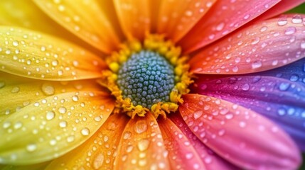 Fototapete - A macro shot of a colorful flower with drops of dew, highlighting the contrast between the vibrant colors and the transparent droplets, evoking a sense of freshness.