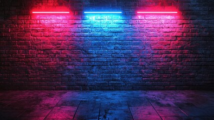 Wall Mural - Neon lights on brick wall.