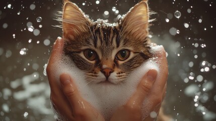 Poster - A pair of hands gently washing a cat with a soft sponge, the cat looking calm yet curious, surrounded by bubbles and water droplets.