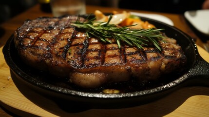 Poster - A perfectly grilled bistecca, sizzling on a cast-iron skillet, garnished with fresh rosemary and garlic, showcasing the juiciness and mouthwatering texture of the meat.