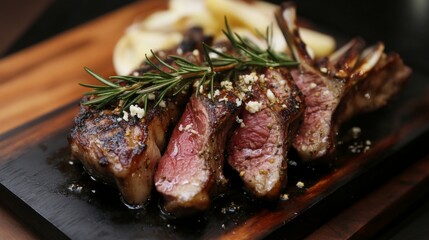 Poster - A perfectly grilled bistecca, sizzling on a cast-iron skillet, garnished with fresh rosemary and garlic, showcasing the juiciness and mouthwatering texture of the meat.
