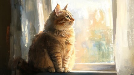 Poster - A round, chubby cat sitting by the window, gazing curiously outside as sunlight softly highlights its plump, fluffy fur.