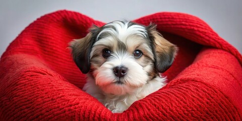 Adorable Havanese puppy snuggled in red heart-shaped blanket, havanese dog, adorable pup