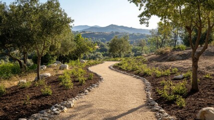 Aufkleber - A serene hiking trail surrounded by newly planted trees, inviting outdoor enthusiasts to enjoy and appreciate the beauty of restored natural landscapes.