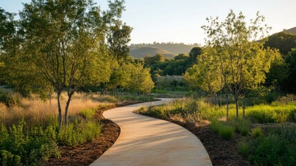 Aufkleber - A serene hiking trail surrounded by newly planted trees, inviting outdoor enthusiasts to enjoy and appreciate the beauty of restored natural landscapes.