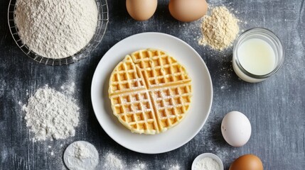 Aufkleber - A single waffle on a white ceramic plate, surrounded by ingredients like flour, eggs, and milk, representing a homemade baking concept.