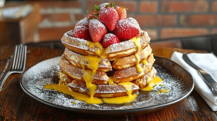 Poster - A stack of waffles on a rustic wooden table, topped with fresh strawberries and powdered sugar. A fork and knife are neatly placed beside the plate.