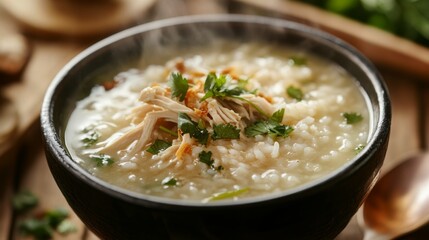 Wall Mural - A steaming bowl of hot rice soup garnished with fresh herbs, shredded chicken, and a drizzle of soy sauce, set on a wooden table with a cozy ambiance.