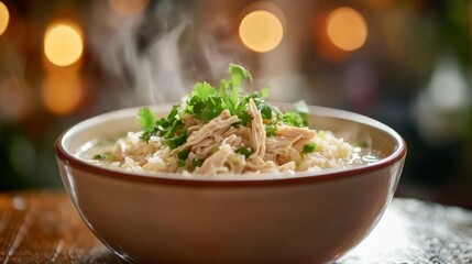 Wall Mural - A steaming bowl of hot rice soup garnished with fresh herbs, shredded chicken, and a drizzle of soy sauce, set on a wooden table with a cozy ambiance.