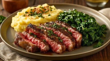 Poster - A vibrant plate of bistecca served with a side of creamy polenta and sauted greens, showcasing the rich flavors and beautiful presentation of a traditional Italian meal.