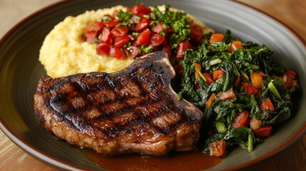 Poster - A vibrant plate of bistecca served with a side of creamy polenta and sauted greens, showcasing the rich flavors and beautiful presentation of a traditional Italian meal.