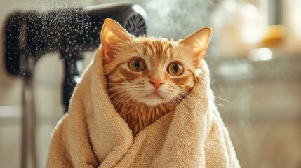 Poster - A wet, towel-wrapped cat being carefully dried off after a bath, with a blow dryer gently blowing in the background.