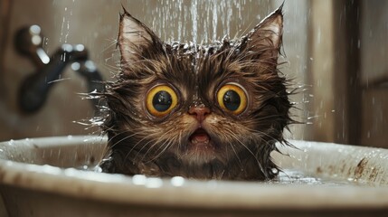 Poster - A wet, wide-eyed cat sitting in a small tub, its fur drenched and spiky, with a surprised expression as water gently pours over it.