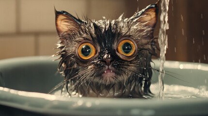 Poster - A wet, wide-eyed cat sitting in a small tub, its fur drenched and spiky, with a surprised expression as water gently pours over it.
