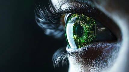 Poster - Close-up of a futuristic eye with green digital patterns.