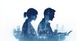 © SH Design - A man and woman are sitting in front of a city skyline, looking at a laptop
