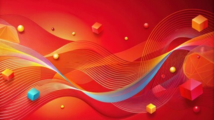 Wall Mural - Vibrant abstract art on red background with wavy lines and geometric shapes, illustration, background,  illustration, background, red