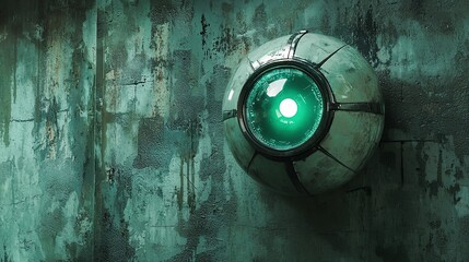 Poster - Futuristic glowing eye embedded in a weathered wall.