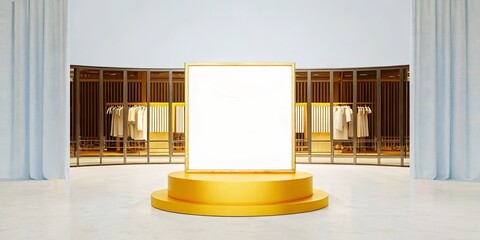 Poster - A white square is on a pedestal in a room with clothes hanging on racks