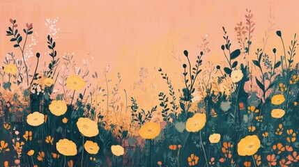 Wall Mural - Pastel sunset over a field of yellow wildflowers and various plants.