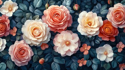 Sticker - Peach, cream roses bloom.