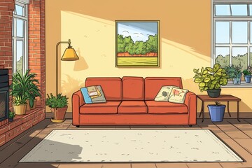 Wall Mural - Cozy living room with orange sofa, plants, and large windows. Perfect for home decor, interior design, and relaxation themes.