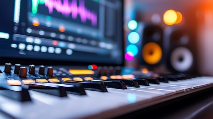 Close-up of music production setup with keyboard and computer screen displaying audio waveform.