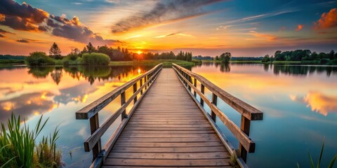 Wall Mural - A serene wooden bridge spanning a calm lake at sunset, outdoor, river,  outdoor, river, dawn, landscape, bridge, nature, scenery