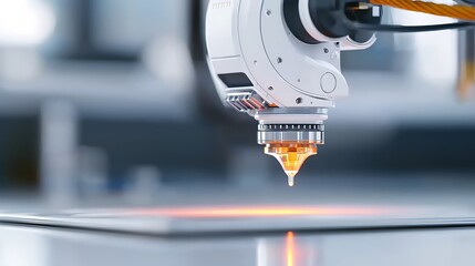 Poster - Close-up of robotic arm dispensing liquid onto a surface in a modern industrial setting.