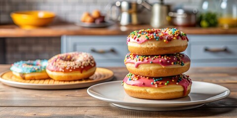 Wall Mural - Glazed donuts on a plate with a few on top, surrounded by sprinkles and colorful toppings