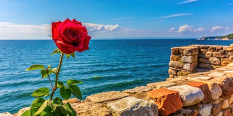 Wall Mural - A rose in full bloom on a stone wall overlooking the Black Sea in Nessebar, Bulgaria , flowers, plant life,  flowers