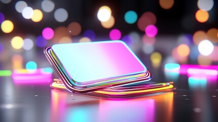 Poster - Colorful neon geometric shapes with blank space for text or logo on reflective surface.