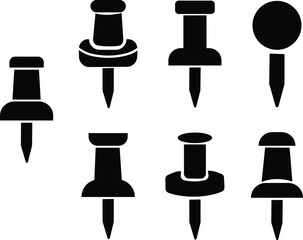 Poster - Push pin icons set flat styles. Thumbtack for note attach. Paperclip symbols illustration. A needle for fixing on a board or map stock vectors for web design or app isolated on transparent background.