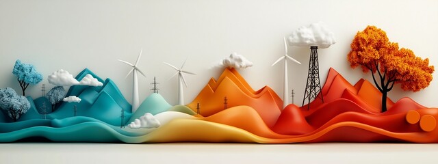 Poster - A vibrant stylized depicting a visualization of the frequency distribution of energy production methods used in a region showcasing a colorful abstract landscape of mountains hills