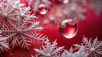 Wall Mural - Frozen water droplets on a crimson red background, with delicate ice crystals and frosty patterns , frost, red