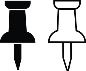 Poster - Push pin icons set in flat and outline styles. Thumbtack for note attach. Paperclip symbols. A needle for fixing on board or map stock vectors for web design or app isolated on transparent background.