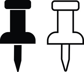Poster - Push pin icons set in flat and outline styles. Thumbtack for note attach. Paperclip symbols. A needle for fixing on board or map stock vectors for web design or app isolated on transparent background.