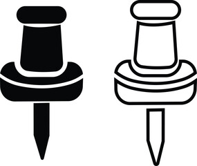 Poster - Push pin icons set in flat and outline styles. Thumbtack for note attach. Paperclip symbols. A needle for fixing on board or map stock vectors for web design or app isolated on transparent background.