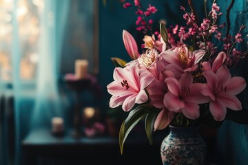 Wall Mural - Pink flowers by window